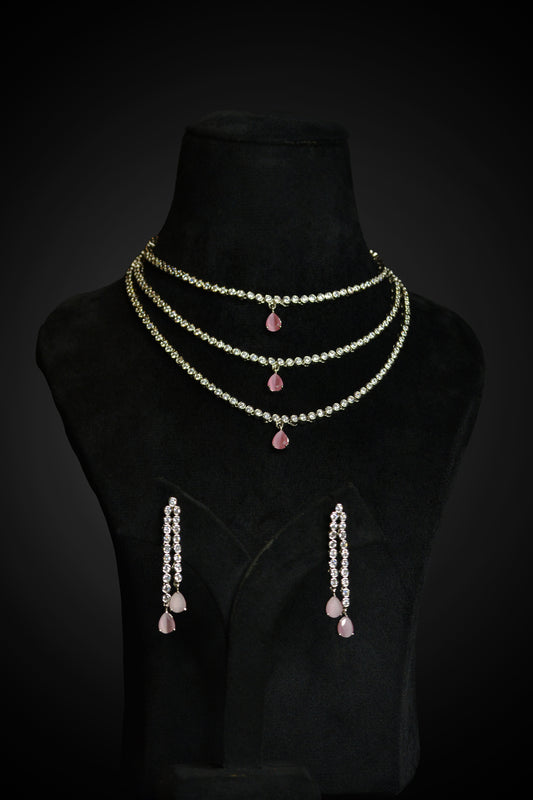 Layered Crystal Beaded Necklace with Pink Drops