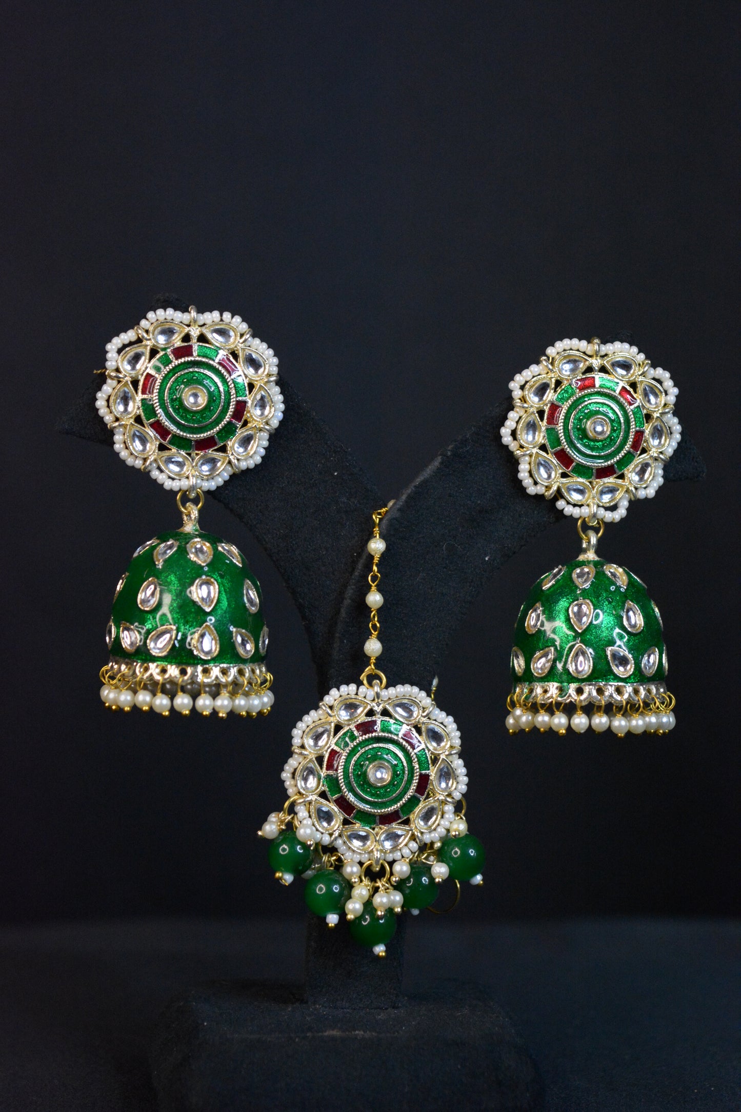 Bareilly Fern Fantasy Green Jhumka with Tika