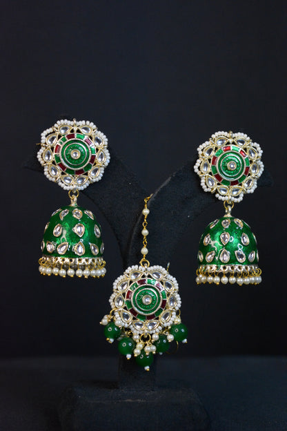 Bareilly Fern Fantasy Green Jhumka with Tika