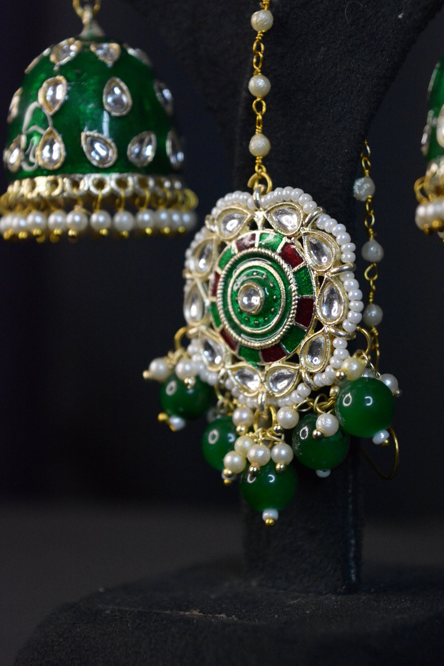 Bareilly Fern Fantasy Green Jhumka with Tika